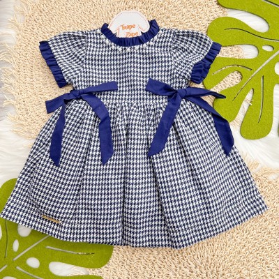 Vestido Pied de Poule com Pérolas - Azul Marinho